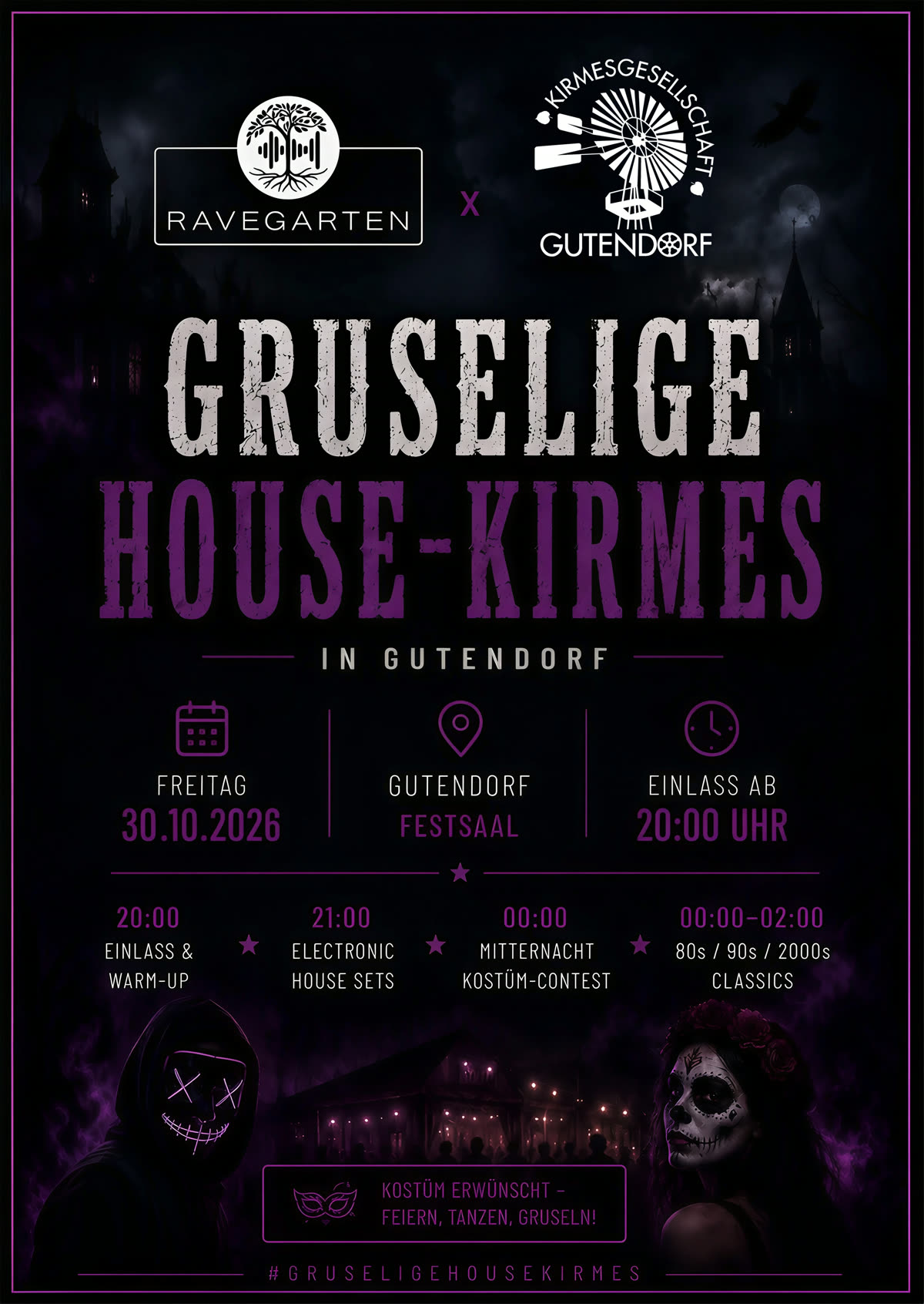 Flyer: Gruselige House-Kirmes in Gutendorf. Ravegarten und Kirmesgesellschaft Gutendorf, Freitag 30.10.2026, Einlass ab 20 Uhr, Festsaal Gutendorf